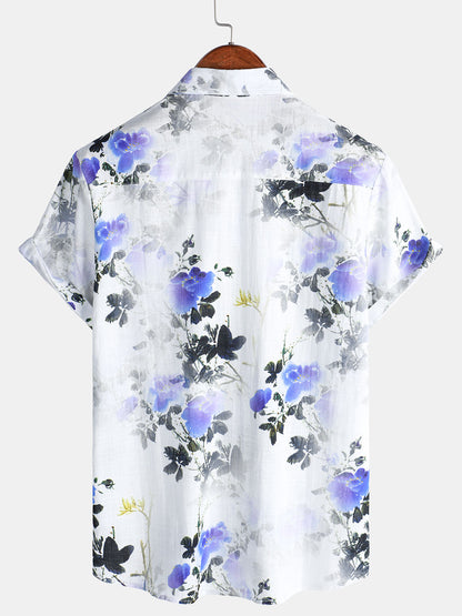Men's Casual Holiday Summer Floral Print Short Sleeve Cotton Shirt