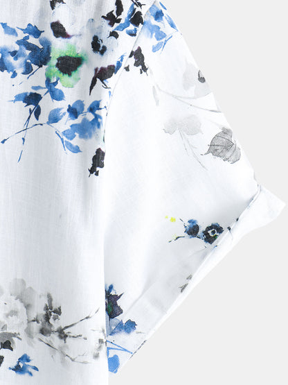 Men's Casual Summer Vintage Floral Print Short Sleeve Cotton Shirt