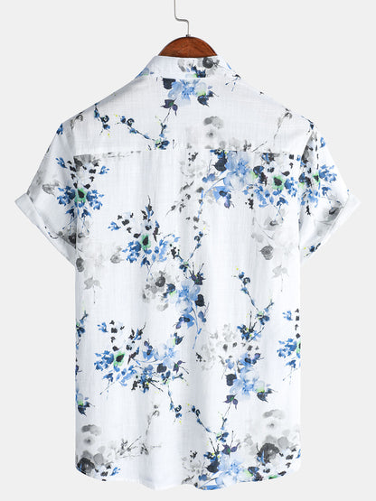 Men's Casual Summer Vintage Floral Print Short Sleeve Cotton Shirt