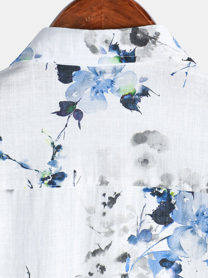 Men's Casual Summer Vintage Floral Print Short Sleeve Cotton Shirt