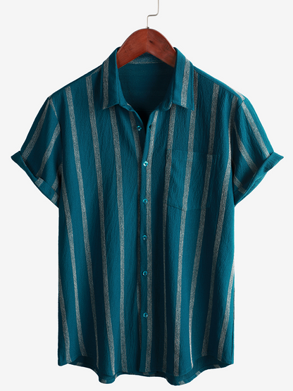 Men's Summer Striped Pocket Button Up Short Sleeve Vintage Beach Hawaiian Shirt