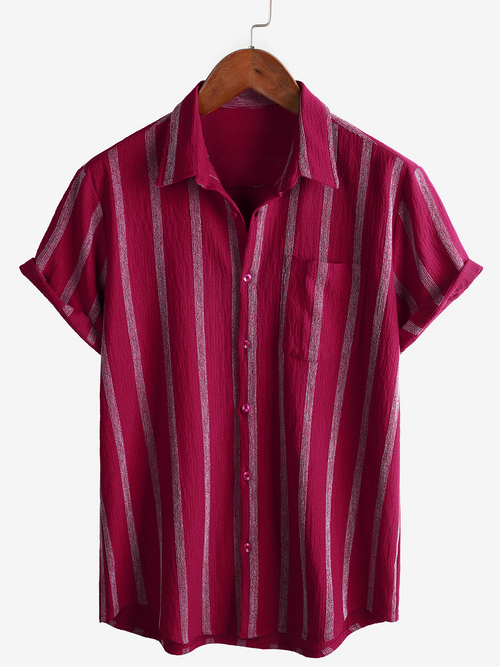 Men's Summer Striped Pocket Button Up Short Sleeve Vintage Beach Hawaiian Shirt