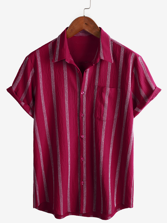 Men's Summer Striped Pocket Button Up Short Sleeve Vintage Beach Hawaiian Shirt