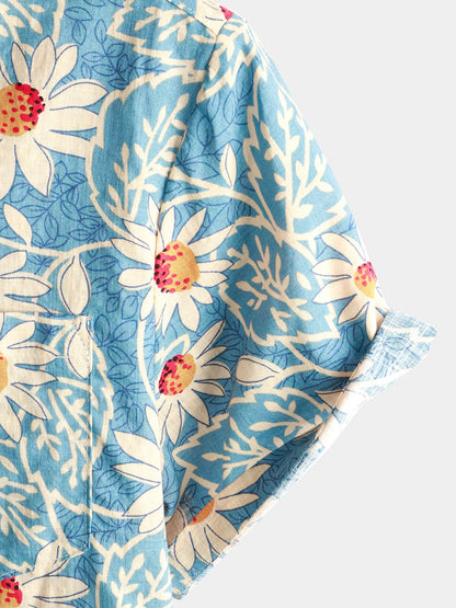 Men's Retro Beach Hawaiian Cotton Holiday Button Up Blue Short Sleeve Floral Shirt