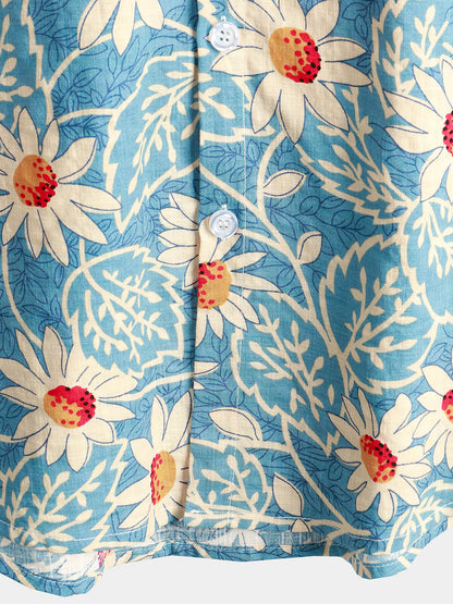 Men's Retro Beach Hawaiian Cotton Holiday Button Up Blue Short Sleeve Floral Shirt