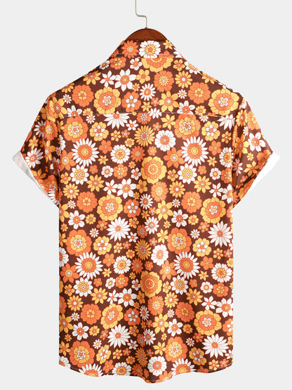 Men's Floral Vintage Flower Button Up 70s Themed Disco Party Short Sleeve Beach Summer Shirt