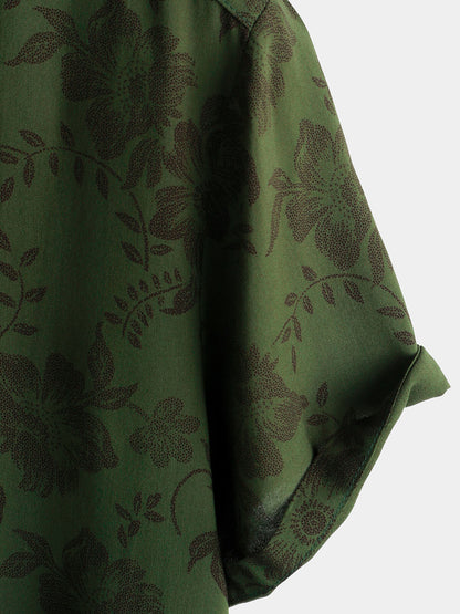Men's Floral Dark Green Hawaiian Vintage Soft Beach Holiday Button Up Short Sleeve Shirt