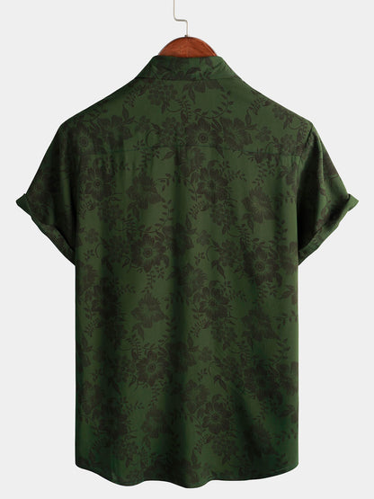 Men's Floral Dark Green Hawaiian Vintage Soft Beach Holiday Button Up Short Sleeve Shirt