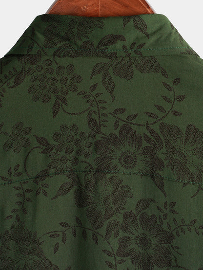 Men's Floral Dark Green Hawaiian Vintage Soft Beach Holiday Button Up Short Sleeve Shirt