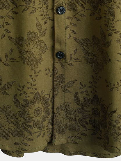 Men's Vintage Floral Green Short Sleeve Cool Retro 70s Summer Button Up Shirt