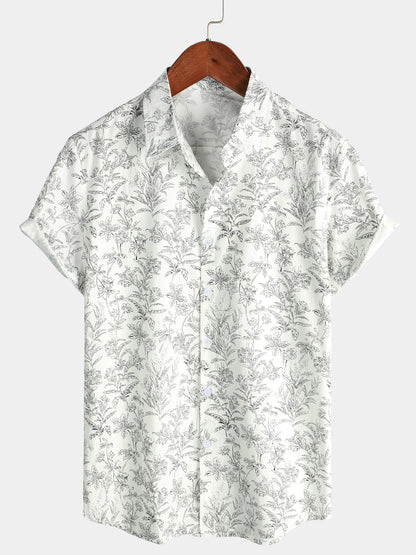 Men's Summer Floral Print Cotton Button Up Beach White Hawaiian Shirt