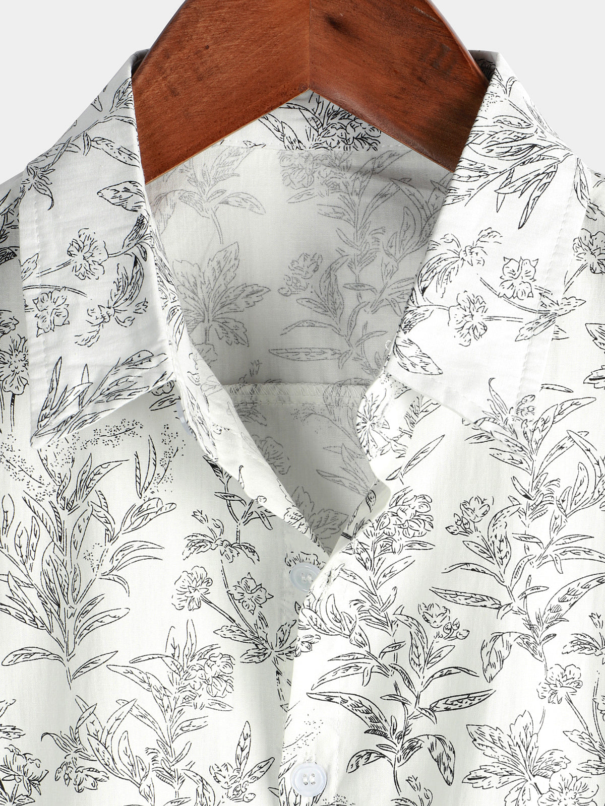 Men's Summer Floral Print Cotton Button Up Beach White Hawaiian Shirt