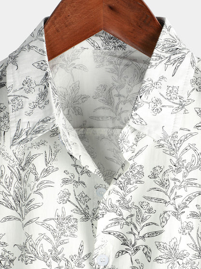 Men's Summer Floral Print Cotton Button Up Beach White Hawaiian Shirt