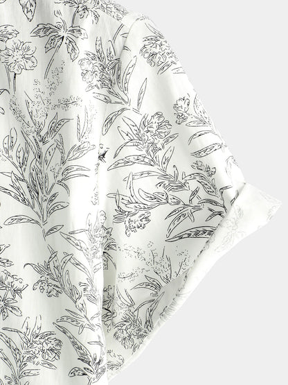 Men's Summer Floral Print Cotton Button Up Beach White Hawaiian Shirt