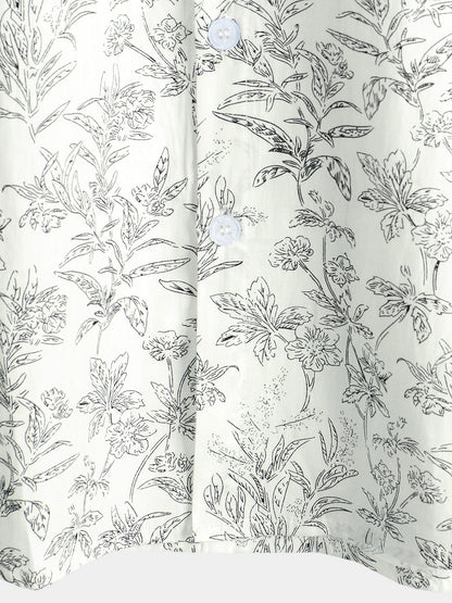 Men's Summer Floral Print Cotton Button Up Beach White Hawaiian Shirt