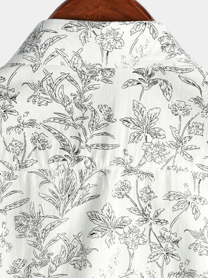 Men's Summer Floral Print Cotton Button Up Beach White Hawaiian Shirt