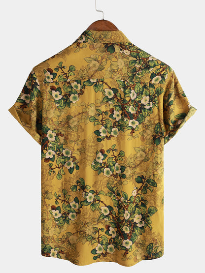 Men's Vintage Holiday Casual Rayon Soft Floral Short Sleeve Button Up Shirt