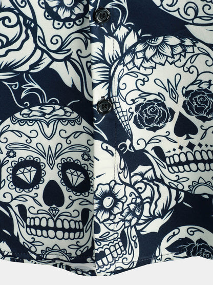 Men's Sugar Skull Floral Print Cool Button Up Funny Short Sleeve Hawaiian Shirt