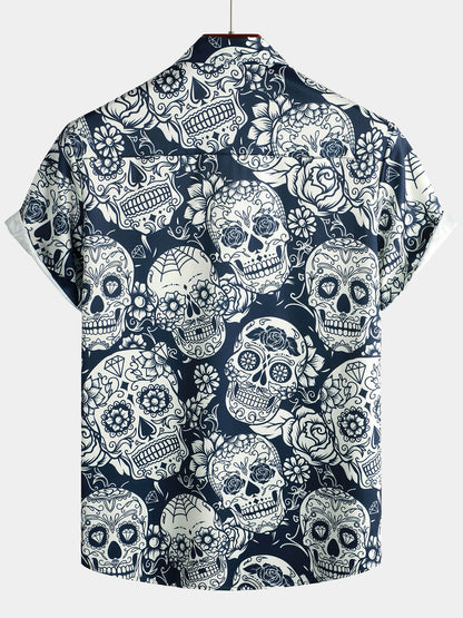 Men's Sugar Skull Floral Print Cool Button Up Funny Short Sleeve Hawaiian Shirt