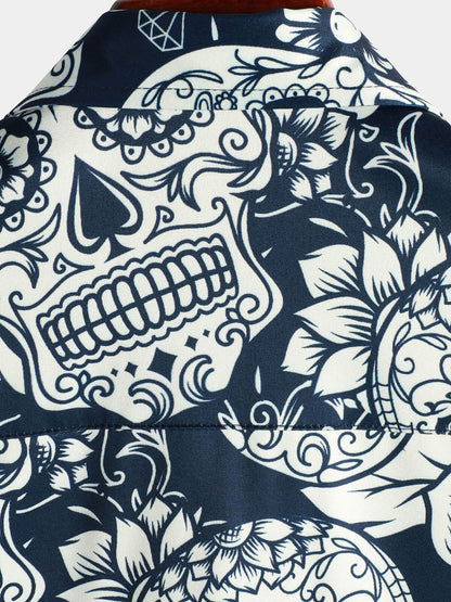 Men's Sugar Skull Floral Print Cool Button Up Funny Short Sleeve Hawaiian Shirt