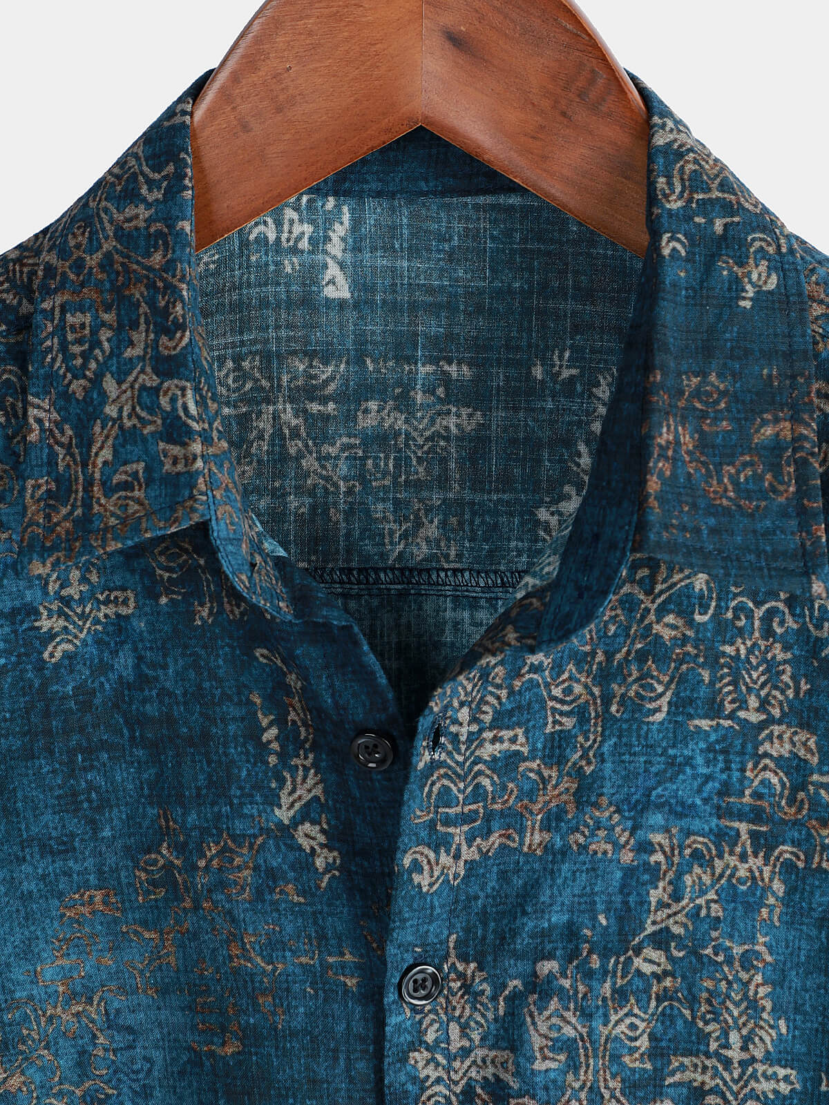 Men's Blue Cotton Vintage Short Sleeve Summer Button Up Shirt