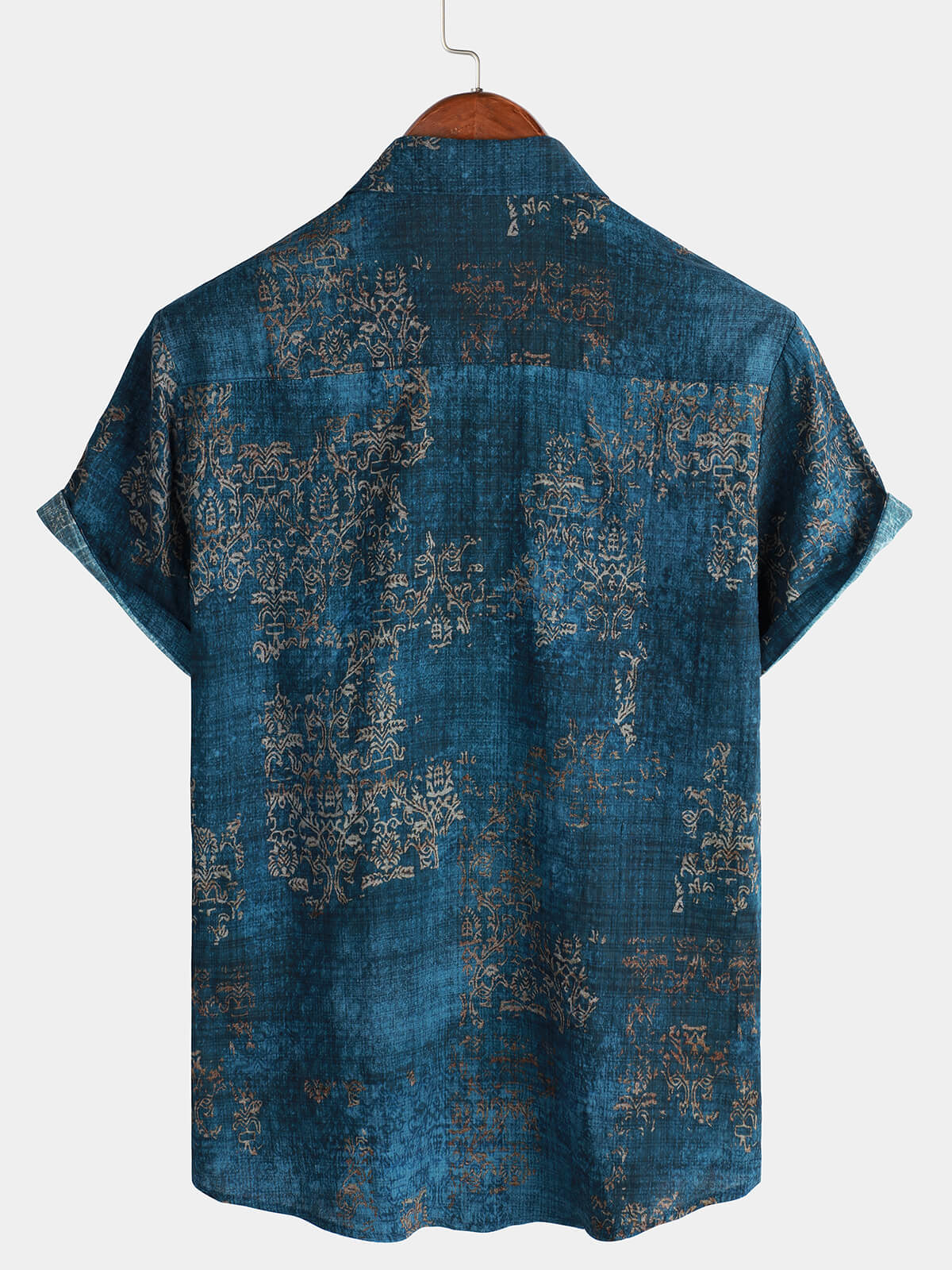 Men's Blue Cotton Vintage Short Sleeve Summer Button Up Shirt