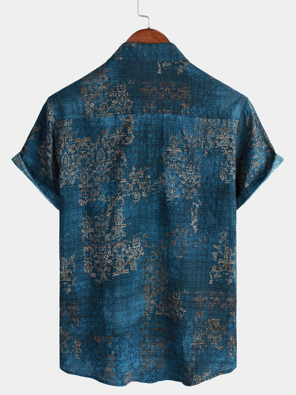 Men's Blue Cotton Vintage Short Sleeve Summer Button Up Shirt