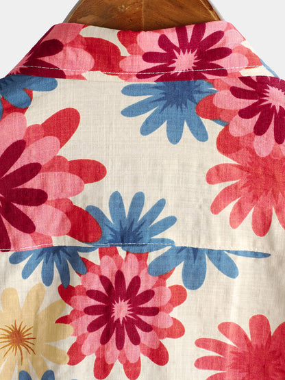 Men's Floral Cotton Daisy Flower Summer Beach Holiday Short Sleeve Hawaiian Button Up Shirt