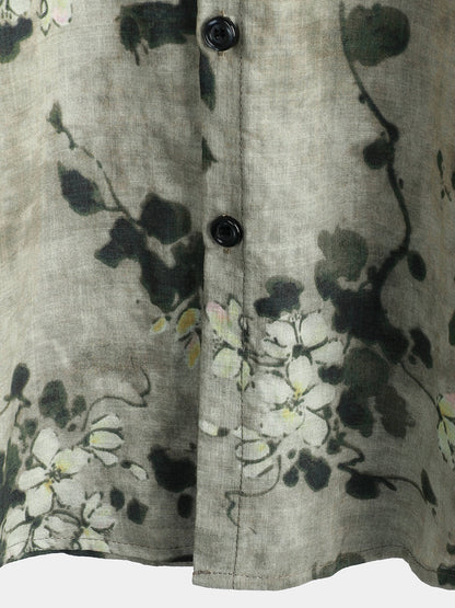 Men's Vintage Floral Cotton Breathable Short Sleeve Grey Button Up Shirt