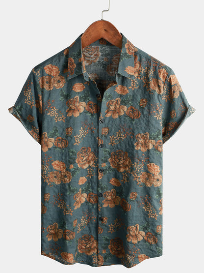 Men's Vintage Floral Retro Button Up Blue Summer Holiday Short Sleeve Shirt