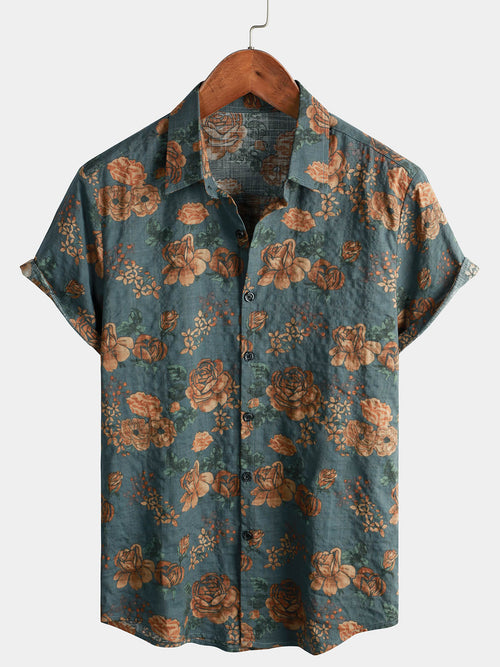Men's Vintage Floral Retro Button Up Blue Summer Holiday Short Sleeve Shirt