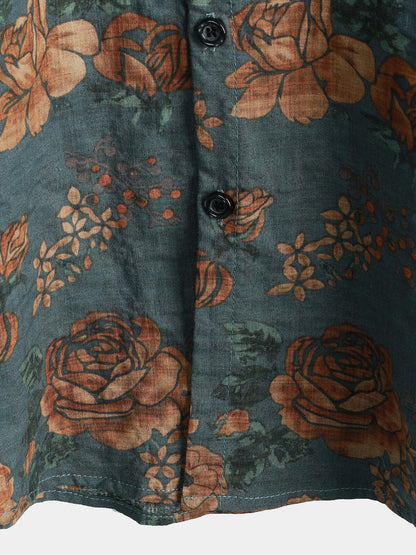 Men's Vintage Floral Retro Button Up Blue Summer Holiday Short Sleeve Shirt