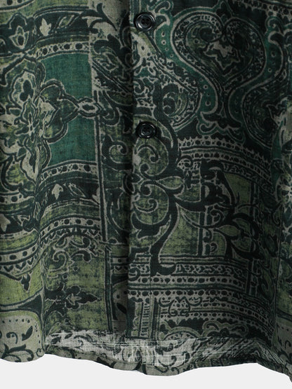 Men's Retro Floral Paisley Print Cotton Button Up Vintage Holiday Western Green Short Sleeve Shirt