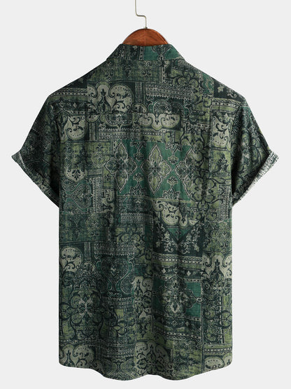 Men's Retro Floral Paisley Print Cotton Button Up Vintage Holiday Western Green Short Sleeve Shirt