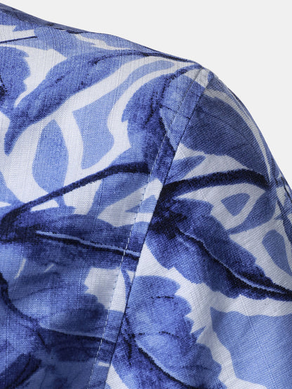 Men's Blue Tropical Print Pocket Resort Short Sleeve Shirt