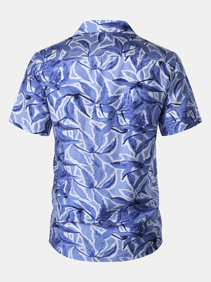 Men's Blue Tropical Print Pocket Resort Short Sleeve Shirt