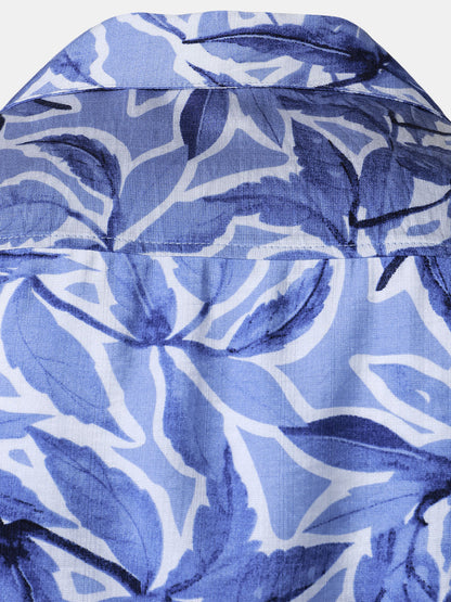 Men's Blue Tropical Print Pocket Resort Short Sleeve Shirt