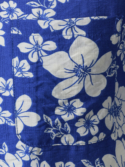 Men's Blue Floral Pocket Hawaiian Cuban Collar Short Sleeve Shirt