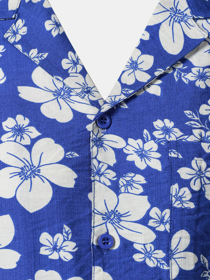 Men's Blue Floral Pocket Hawaiian Cuban Collar Short Sleeve Shirt