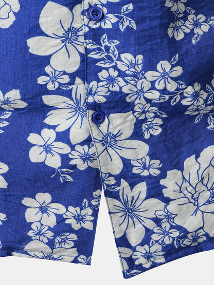 Men's Blue Floral Pocket Hawaiian Cuban Collar Short Sleeve Shirt