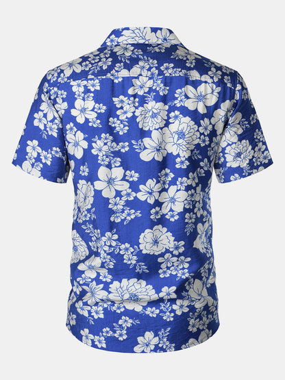 Men's Blue Floral Pocket Hawaiian Cuban Collar Short Sleeve Shirt