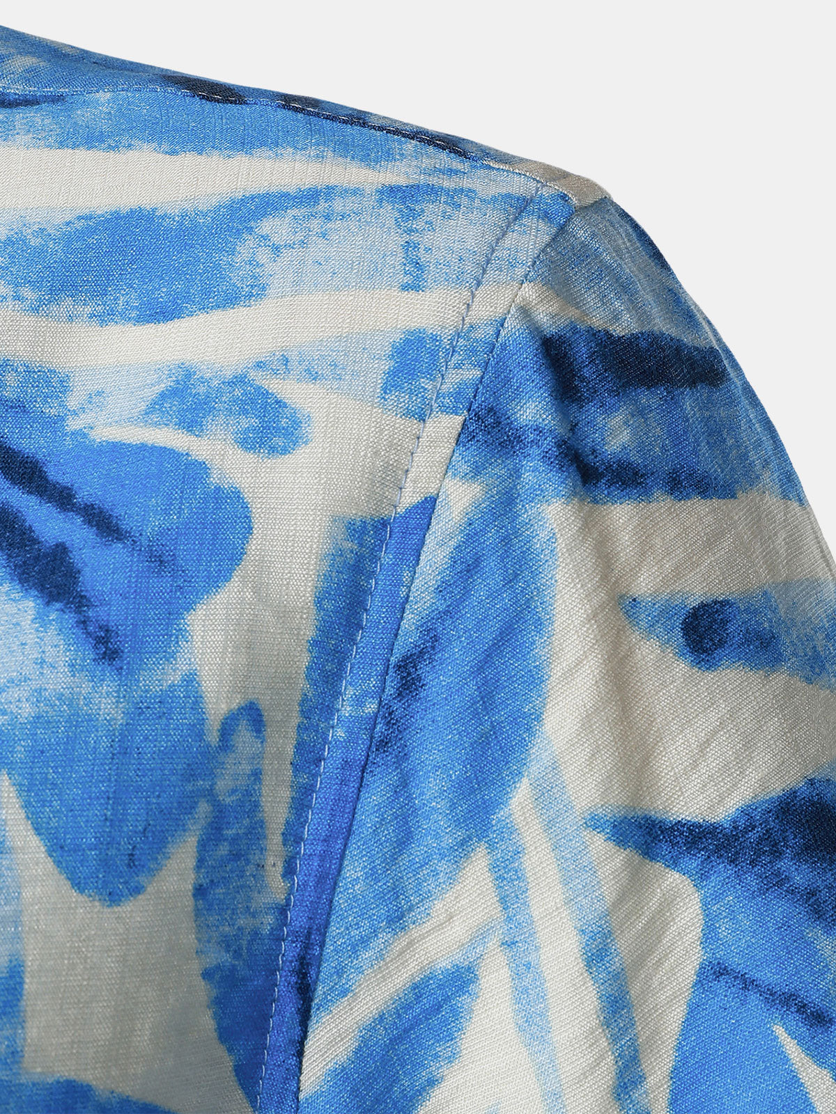 Men's Blue Tropical Leaves Print Pocket Hawaiian Cuban Collar Short Sleeve Shirt