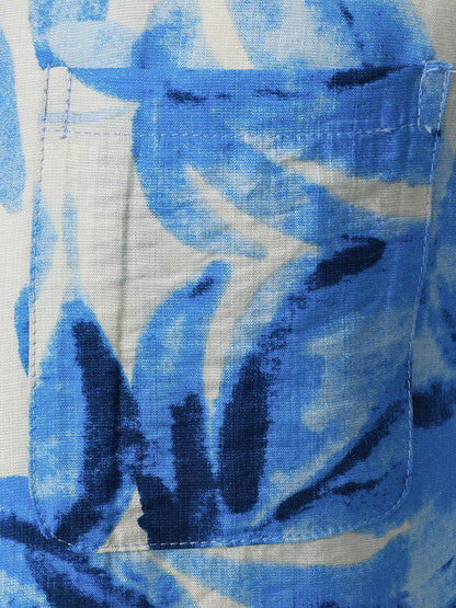 Men's Blue Tropical Leaves Print Pocket Hawaiian Cuban Collar Short Sleeve Shirt