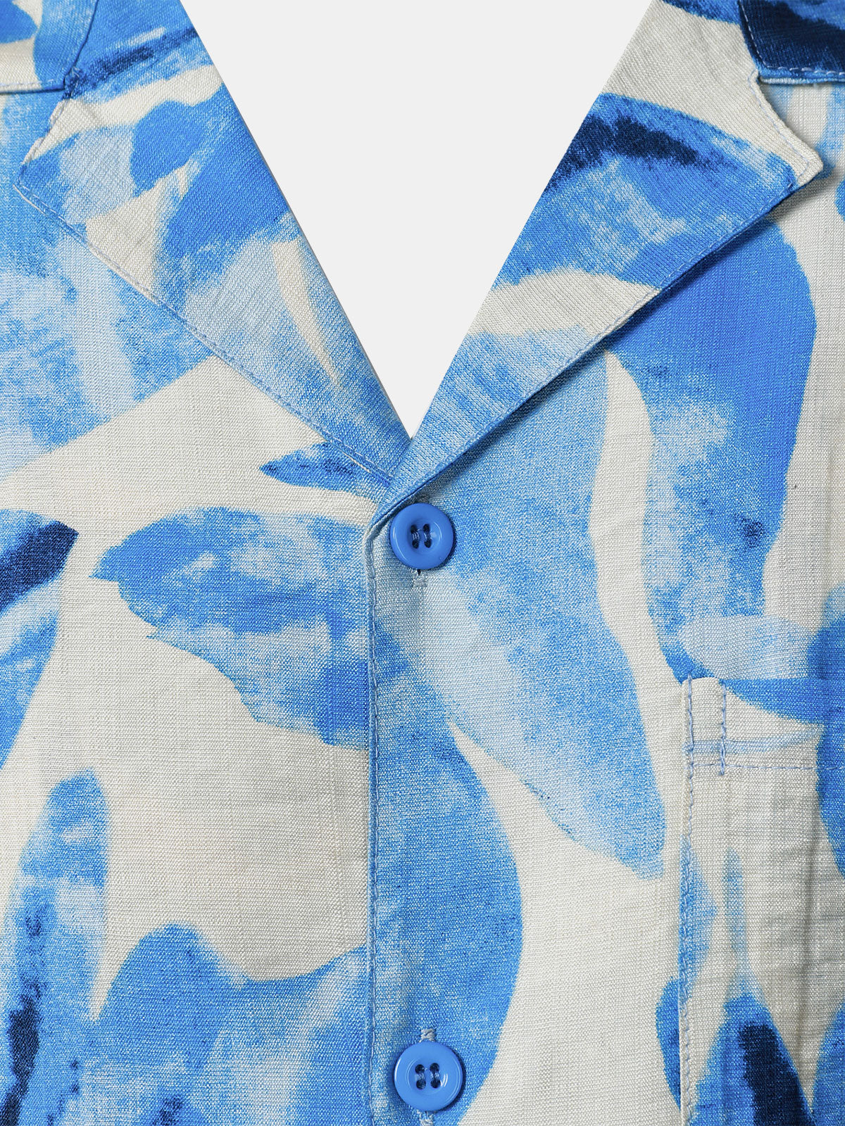 Men's Blue Tropical Leaves Print Pocket Hawaiian Cuban Collar Short Sleeve Shirt
