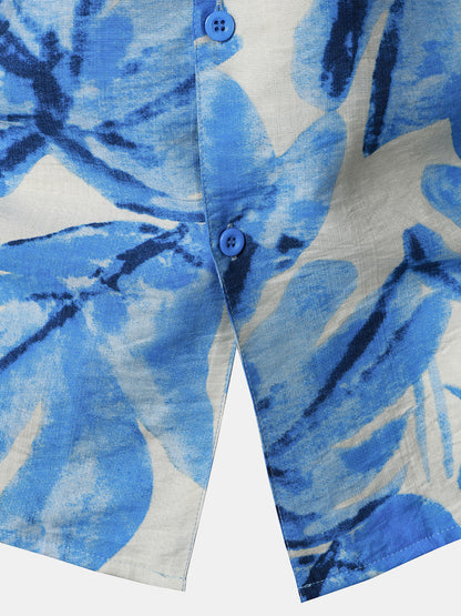 Men's Blue Tropical Leaves Print Pocket Hawaiian Cuban Collar Short Sleeve Shirt