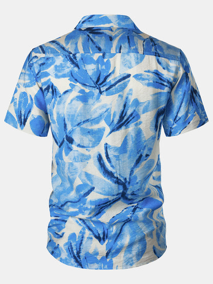Men's Blue Tropical Leaves Print Pocket Hawaiian Cuban Collar Short Sleeve Shirt