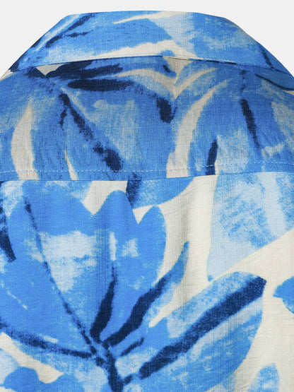 Men's Blue Tropical Leaves Print Pocket Hawaiian Cuban Collar Short Sleeve Shirt