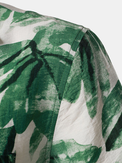 Men's Green Tropical Leaves Print Pocket Hawaiian Short Sleeve Shirt