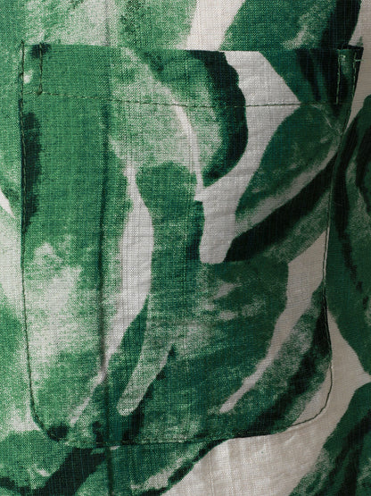 Men's Green Tropical Leaves Print Pocket Hawaiian Short Sleeve Shirt