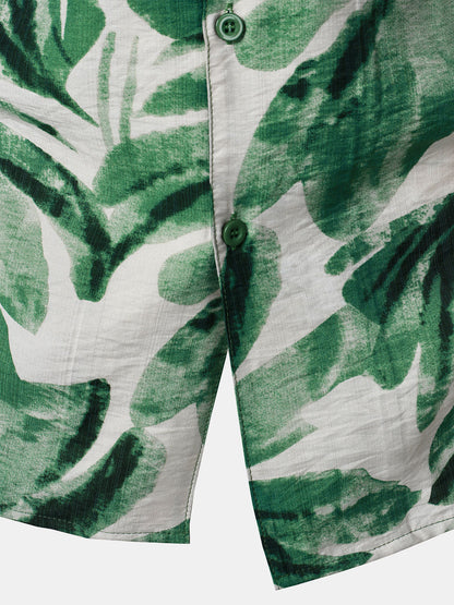 Men's Green Tropical Leaves Print Pocket Hawaiian Short Sleeve Shirt